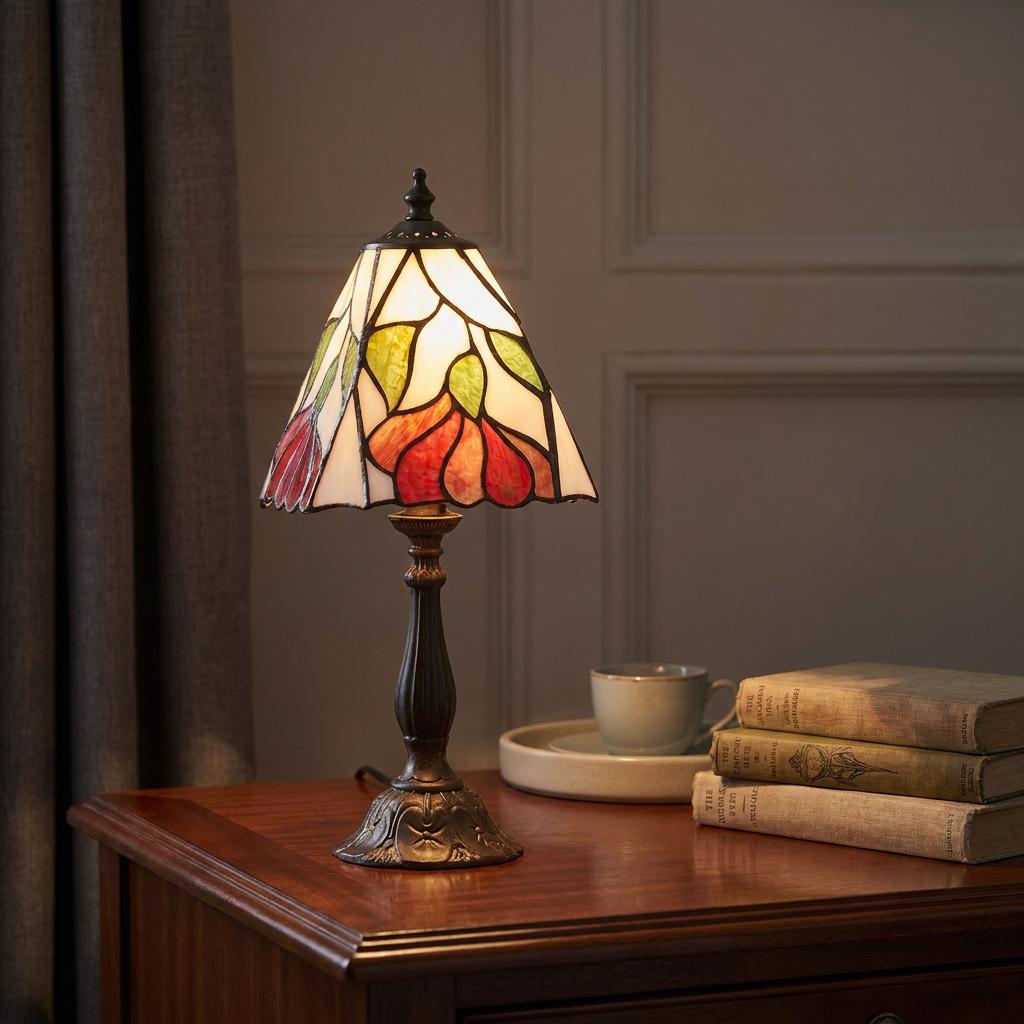 Botanica Tiffany bedside table lamp with a floral stained-glass shade on a wooden table beside vintage books.