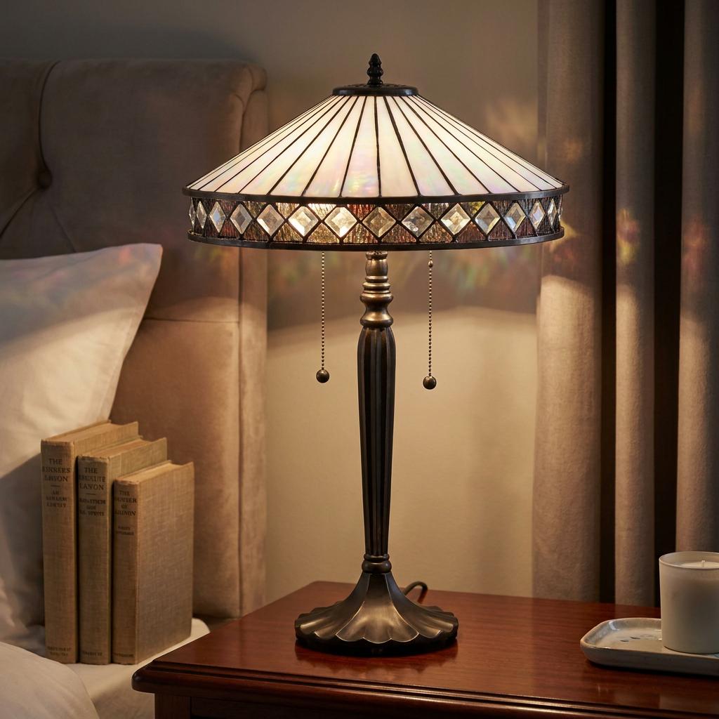 Illuminated Tiffany table lamp with an iridescent glass shade and crystal trim on a wooden bedside table.