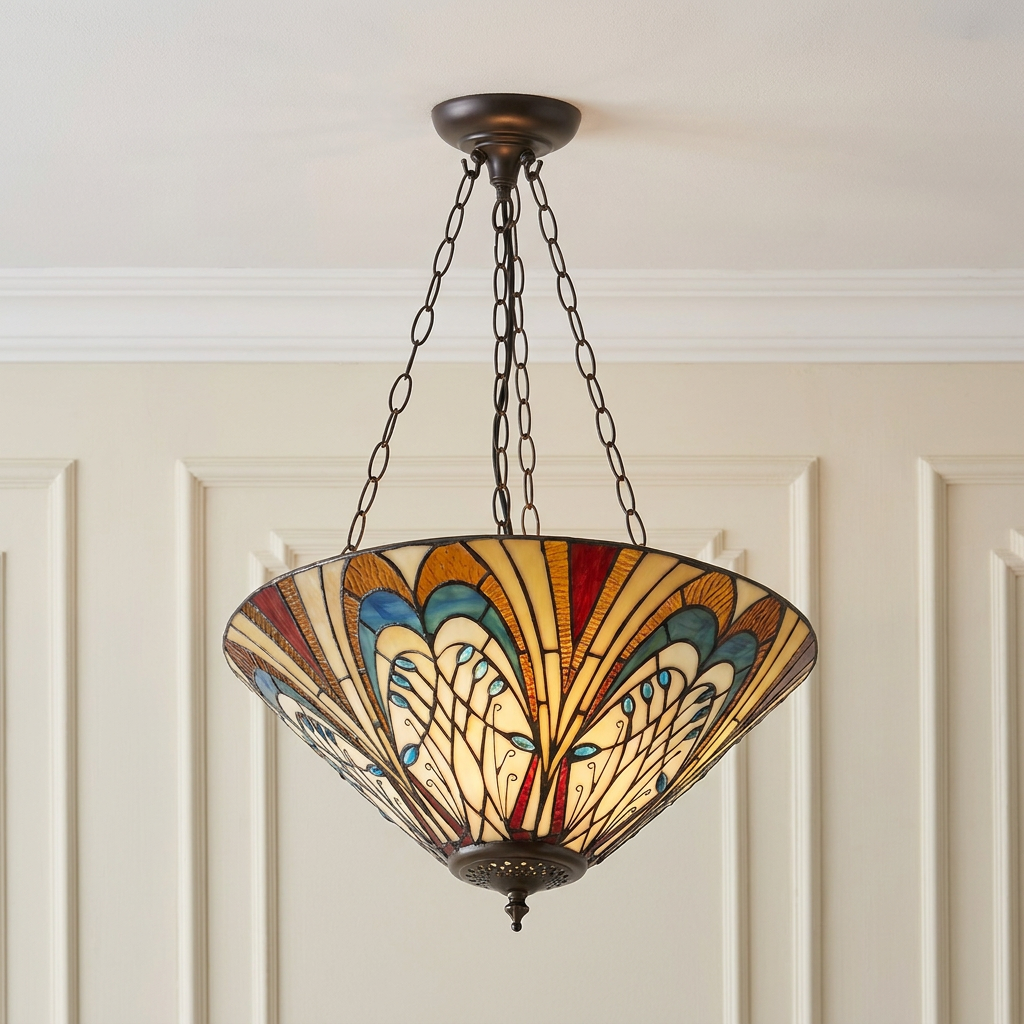 Inverted Tiffany ceiling light with an intricate amber and blue stained glass shade hanging from three bronze chains.