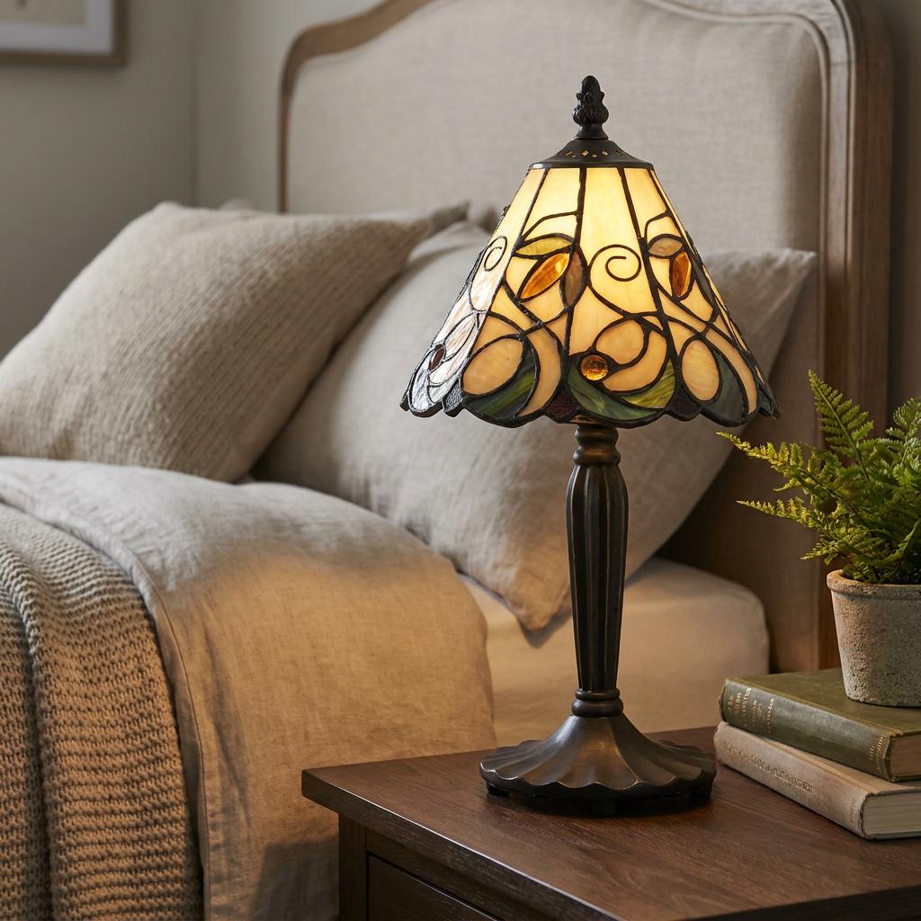 Tiffany lamp with a floral stained glass shade glowing on a bedside table next to neutral bedding.