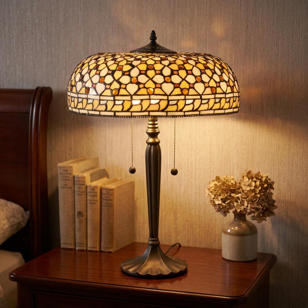 Warmly lit Mille Feux Tiffany table lamp on a wooden nightstand with books and dried flowers in a cozy bedroom setting.
