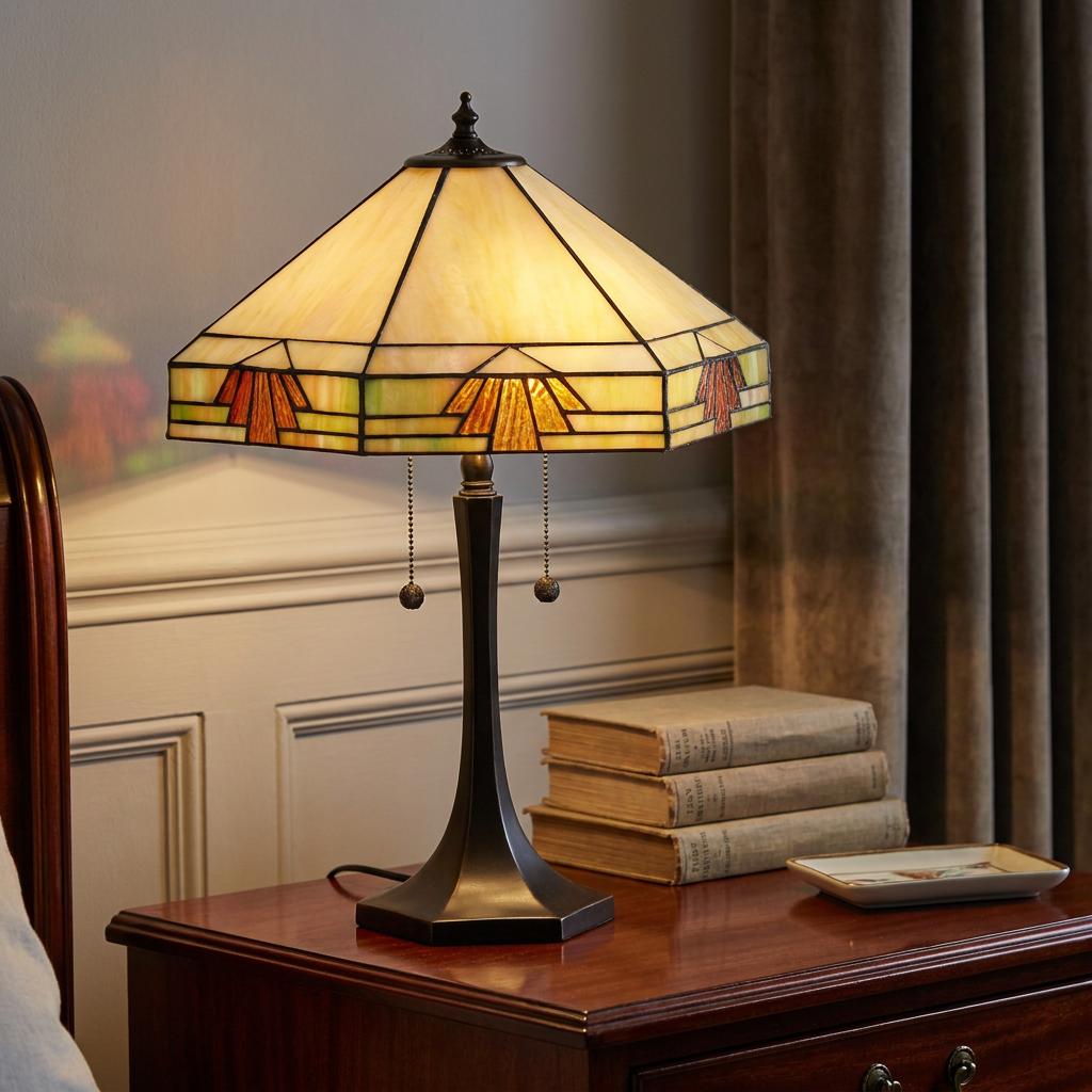Nevada Tiffany table lamp with an illuminated geometric stained glass shade on a wooden nightstand beside books.