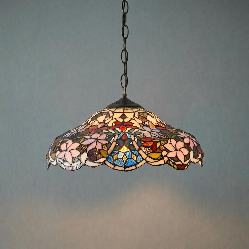 Interiors 1900 Sullivan Medium Tiffany ceiling light with pink floral stained glass shade against a plain wall.