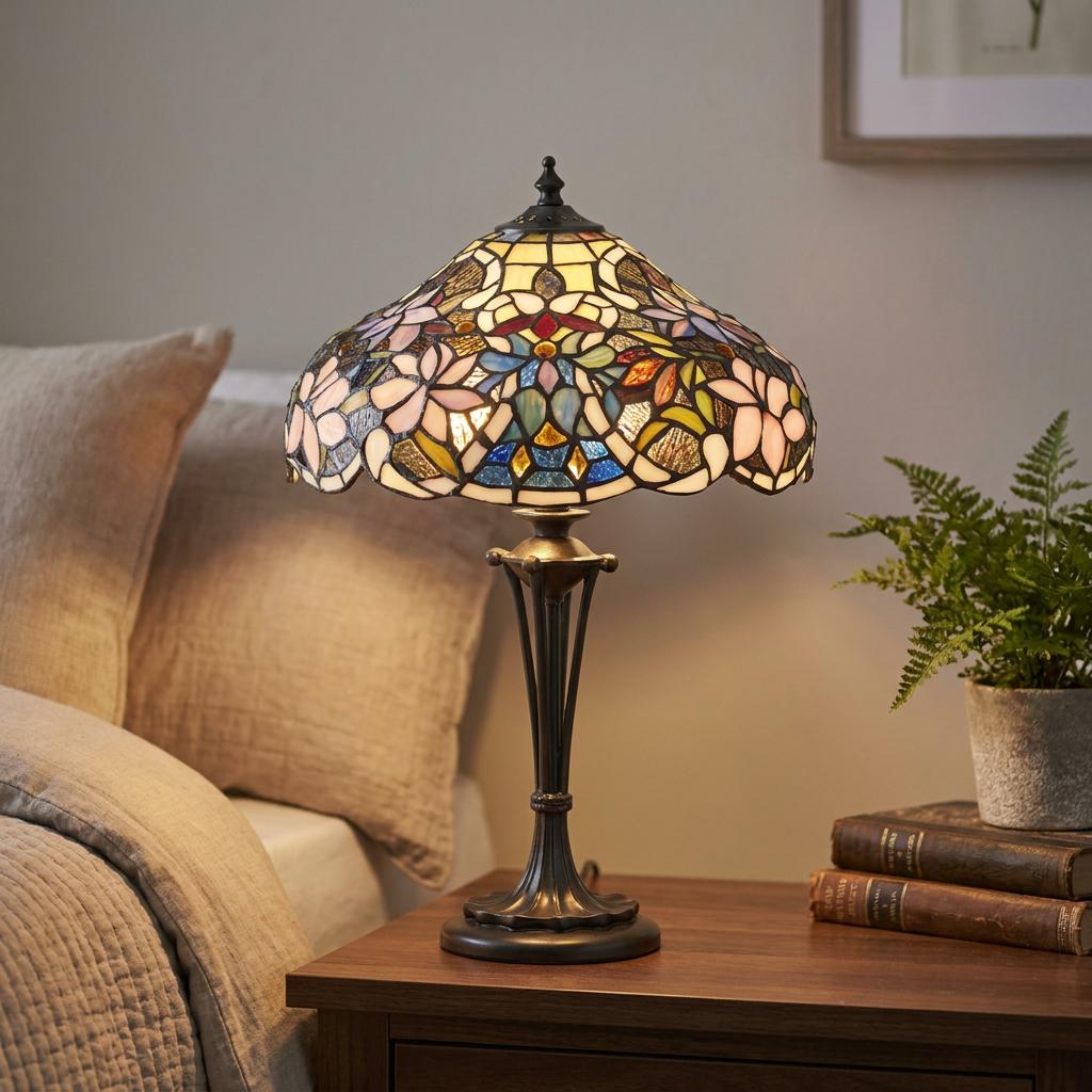 A Sullivan small Tiffany bedside lamp with a floral stained glass shade on a dark wood nightstand next to a bed.