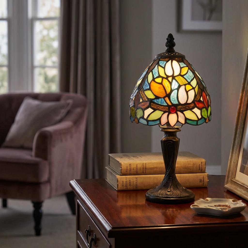 Mini Tiffany bedside lamp with a vibrant floral stained glass shade on a wooden table in a living room.