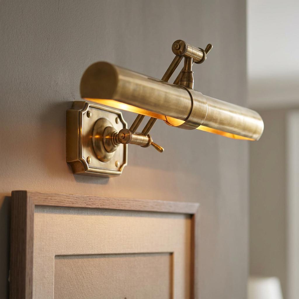 Mellow brass picture light with a cylindrical shade mounted on a wall above a framed picture.