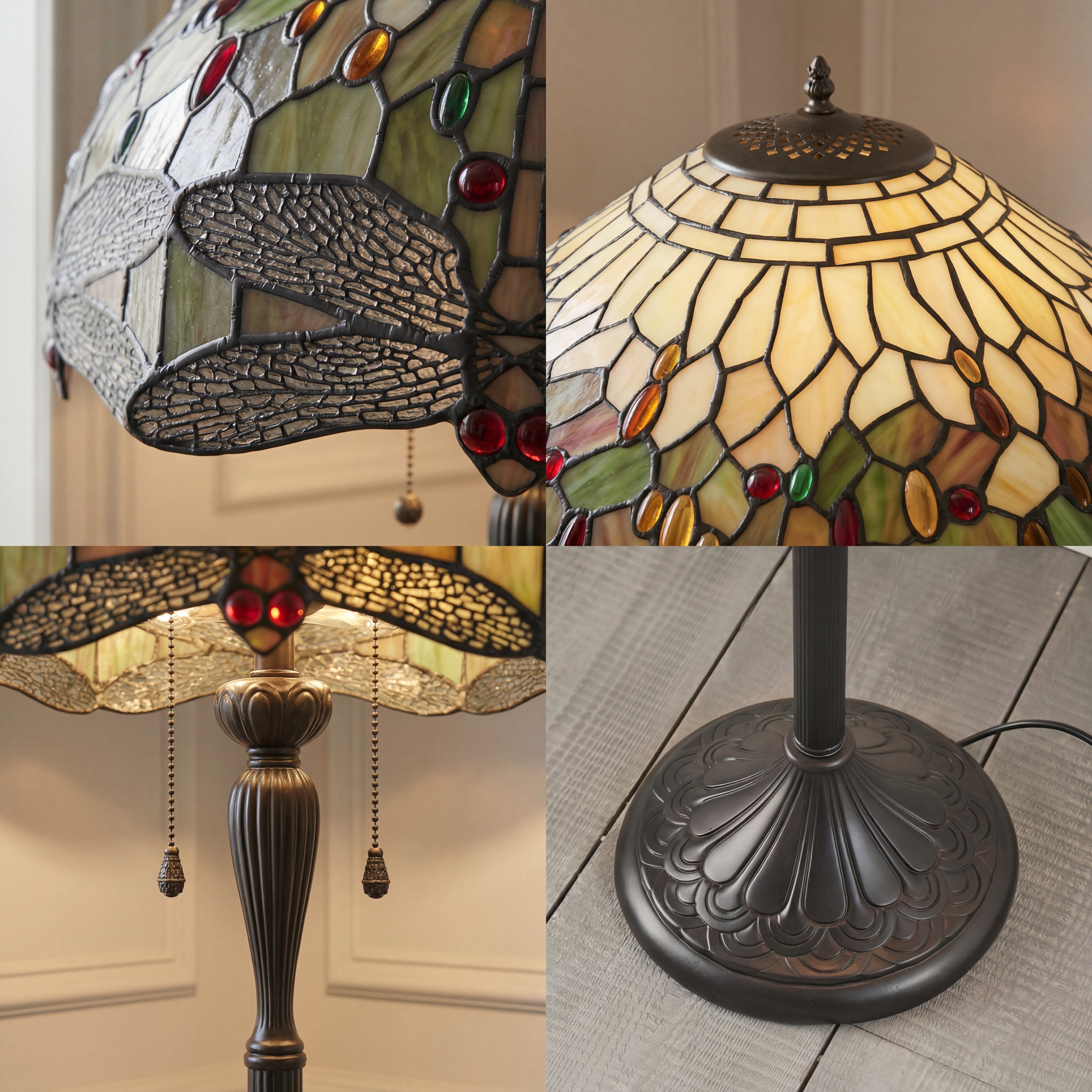 Collage of a decorative lamp with stained glass shade and metal base.