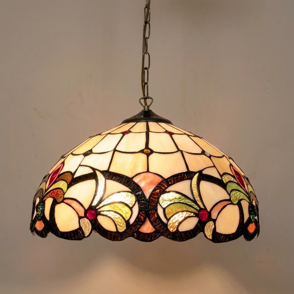 Ipswich Tiffany ceiling light with a floral stained glass dome shade hanging from a bronze-colored chain.