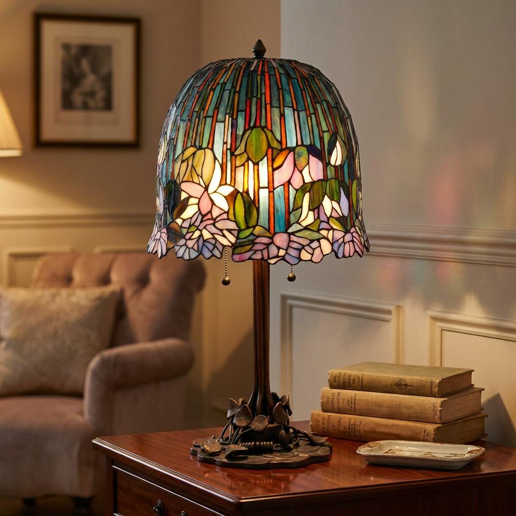 Iris Tiffany table lamp featuring a floral stained-glass shade, lit on a wooden side table in a warm living room.