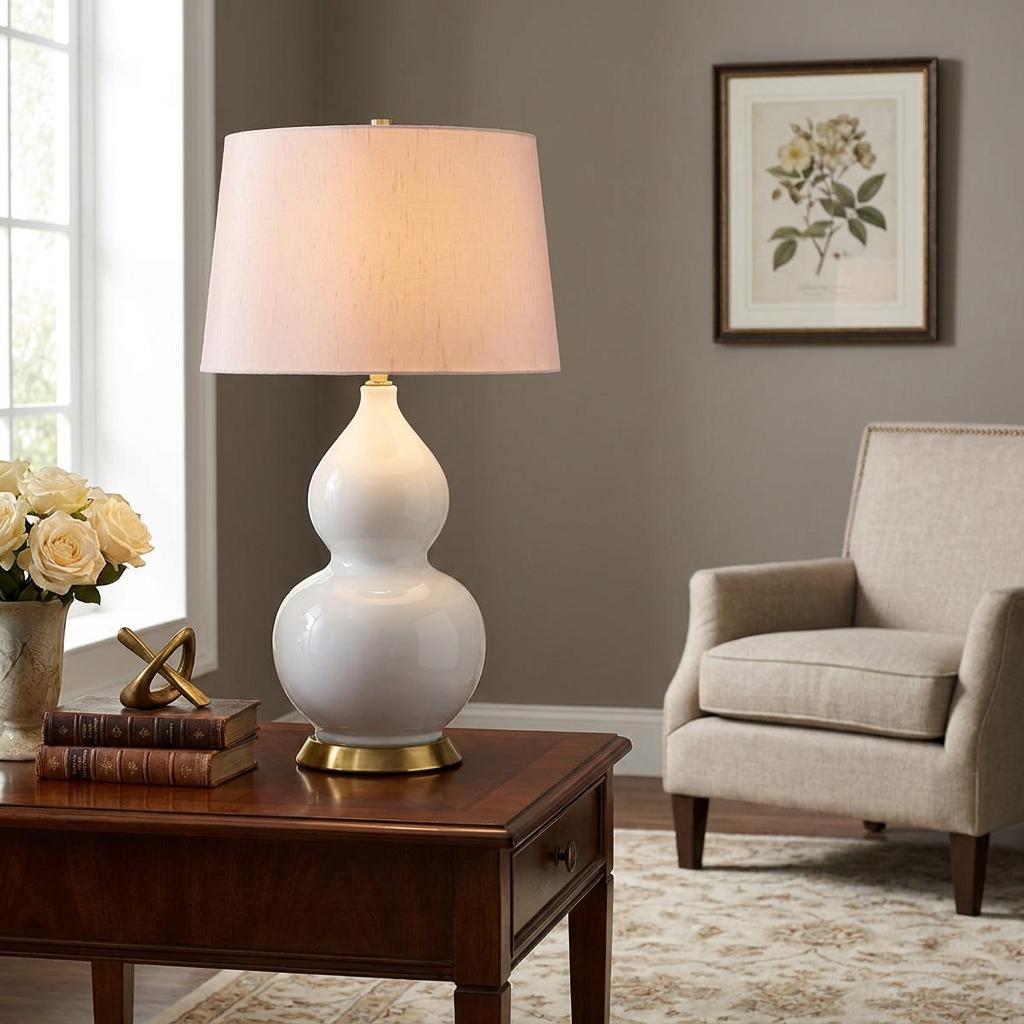 Isla white ceramic table lamp with a pink drum shade on a wooden table in a classic living room.