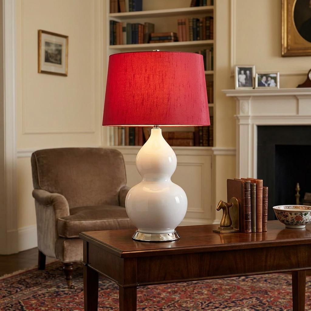 White ceramic table lamp with a vibrant red shade on a wooden table in a classic living room setting.