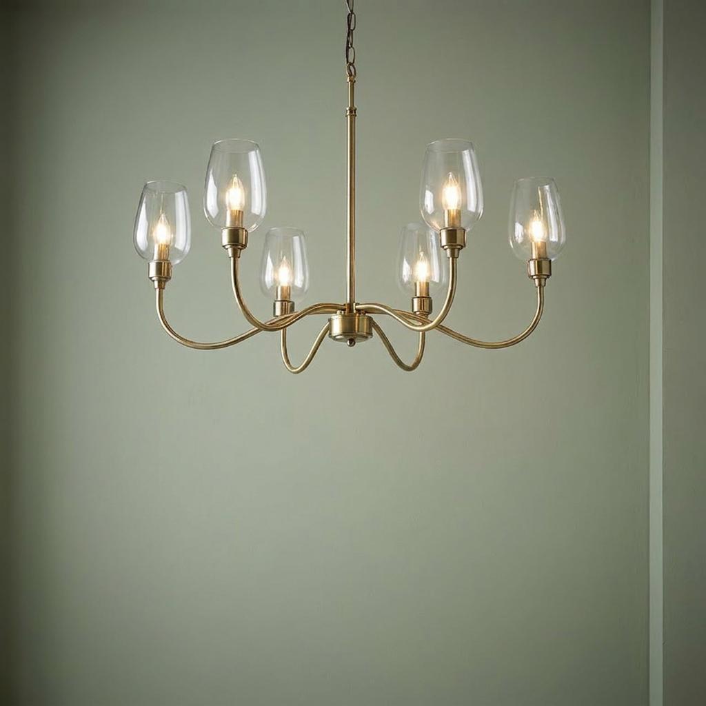 Island 6 light brass chandelier with clear glass shades and curved arms, illuminated against a pale green wall.