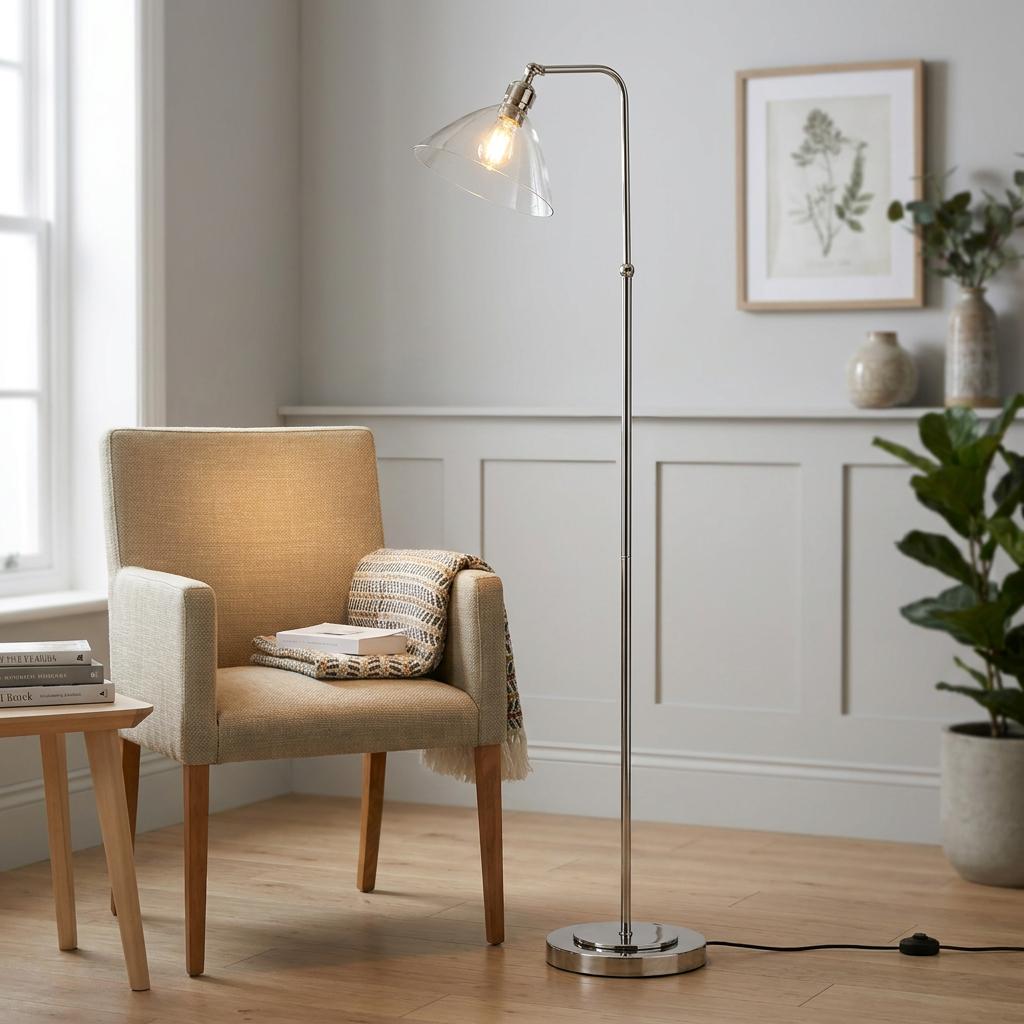 Nickel floor lamp with a clear glass cone shade illuminating a beige armchair in a bright living room.