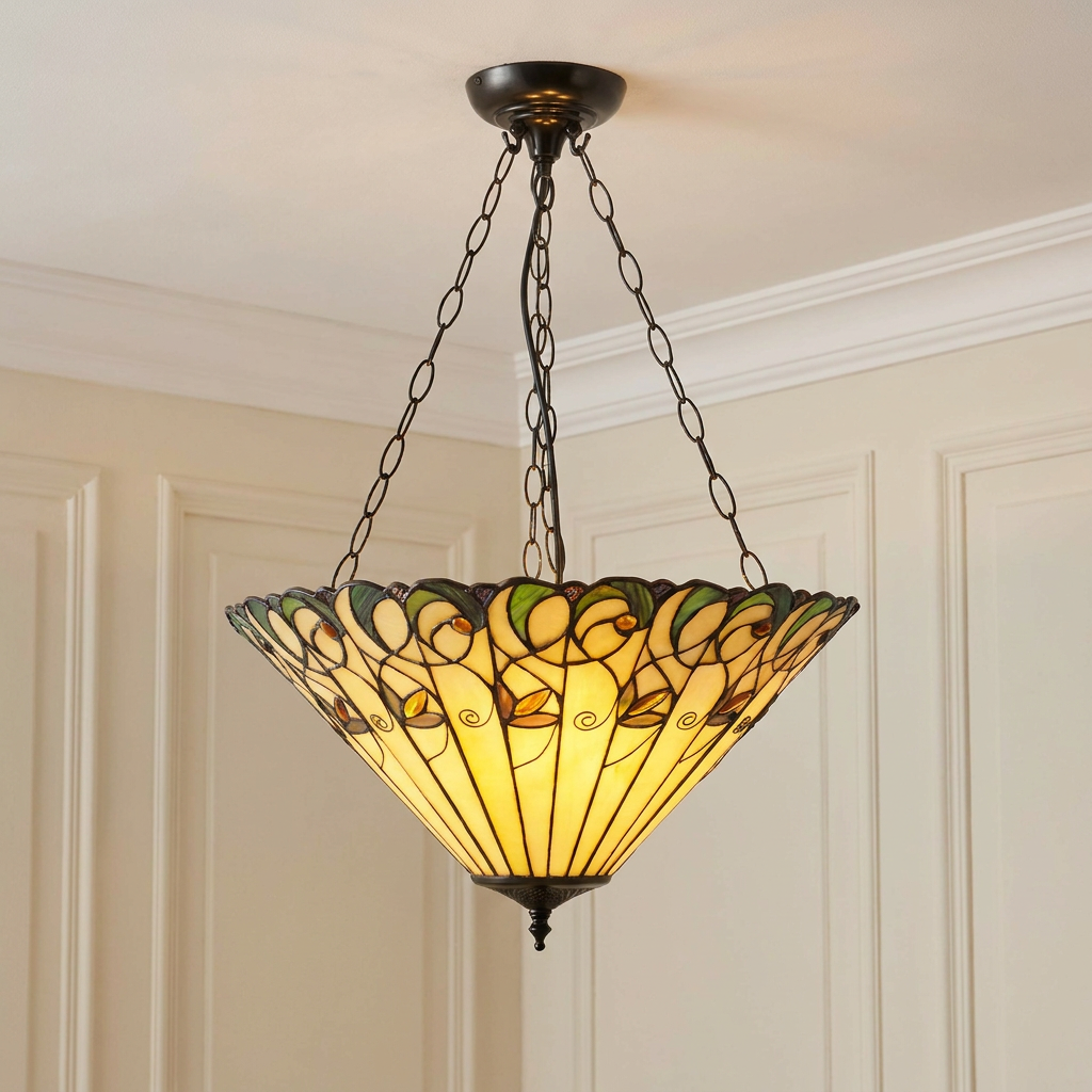 Large inverted Tiffany ceiling light with amber and cream stained glass hanging from black metal chains.
