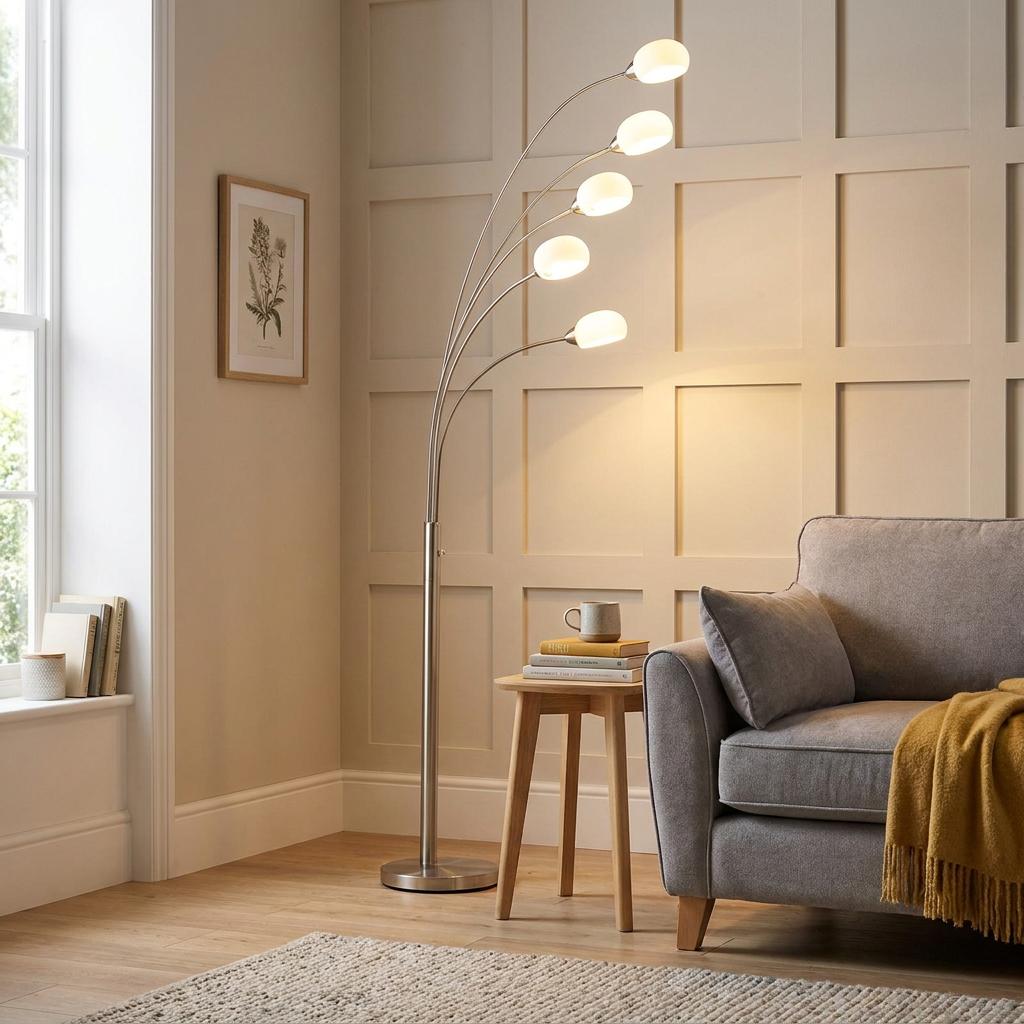 Jaspa 5-light nickel floor lamp with curved arms and oval shades illuminating a cozy living room corner.