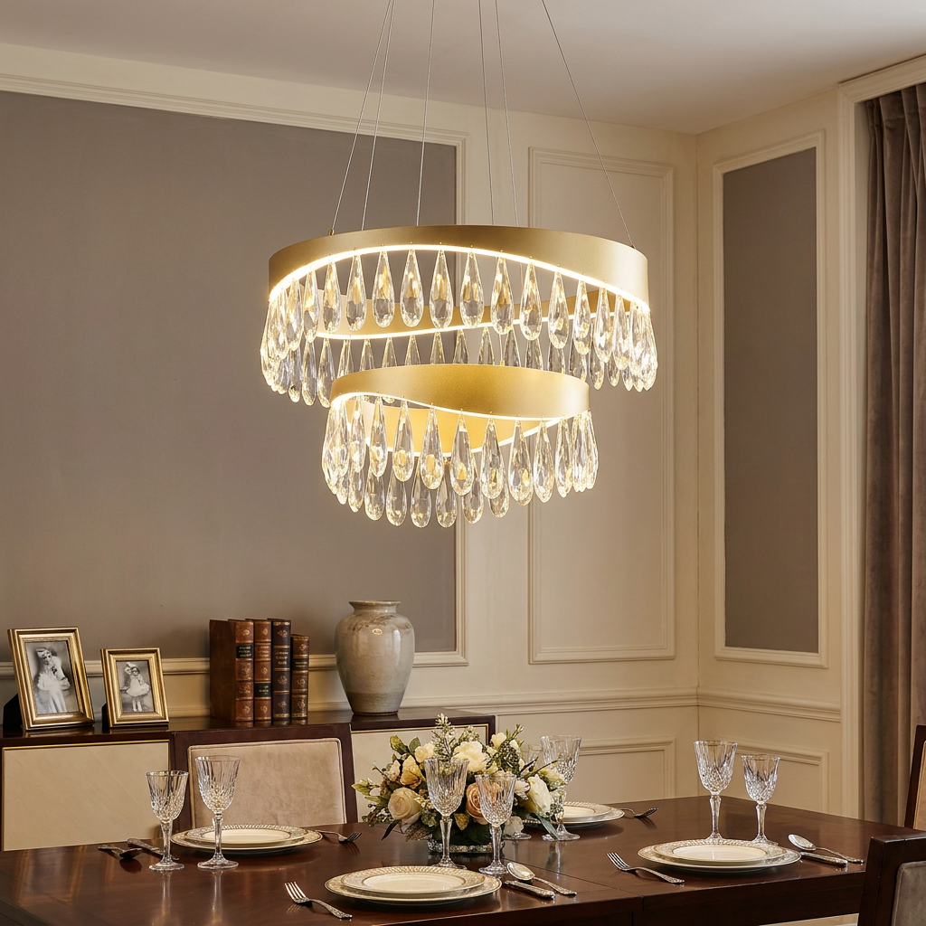 A two-tier gold LED pendant chandelier with cascading crystals hangs above a formal dining room table.
