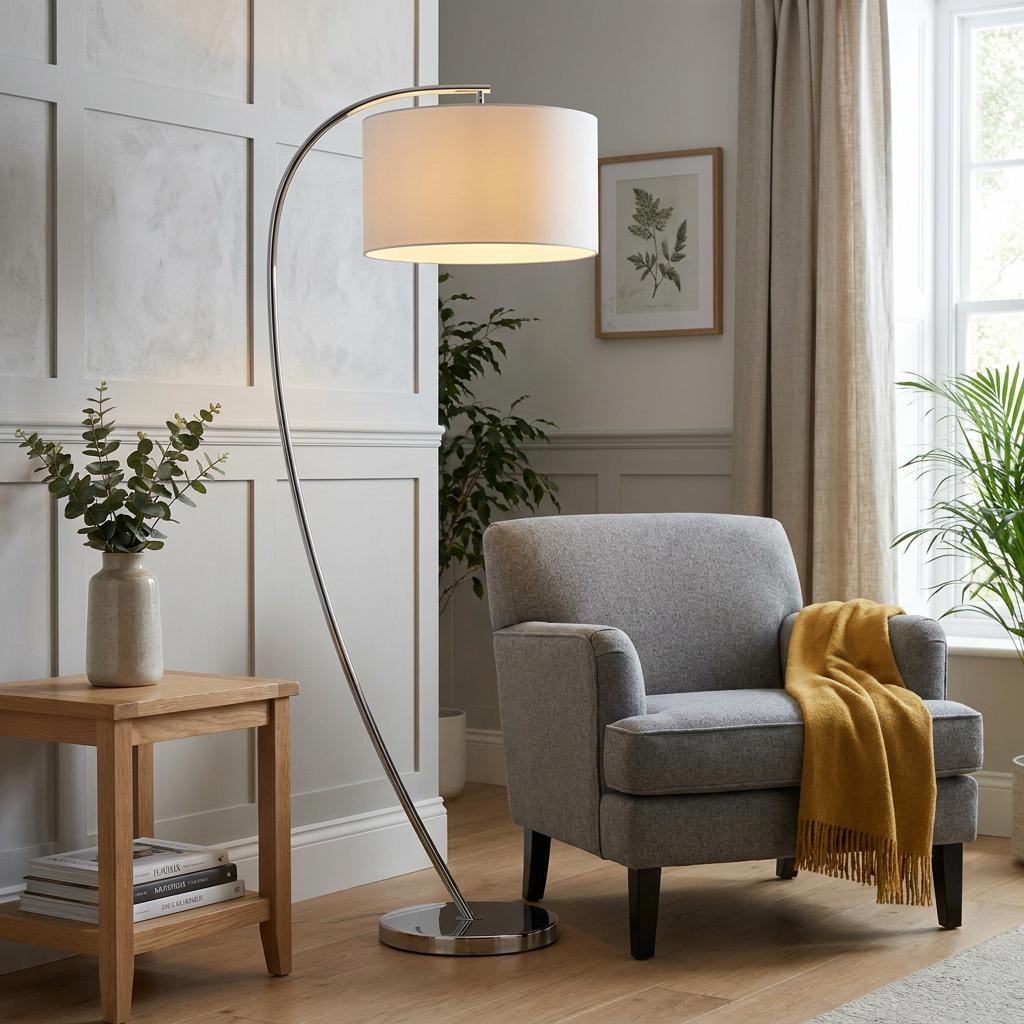 Josephine Nickel Arc Floor Lamp with a white drum shade over a grey armchair in a contemporary living room.