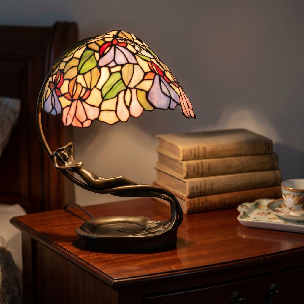 Josephine Tiffany table lamp with a floral stained-glass shade and reclining figure base on a bedside table.