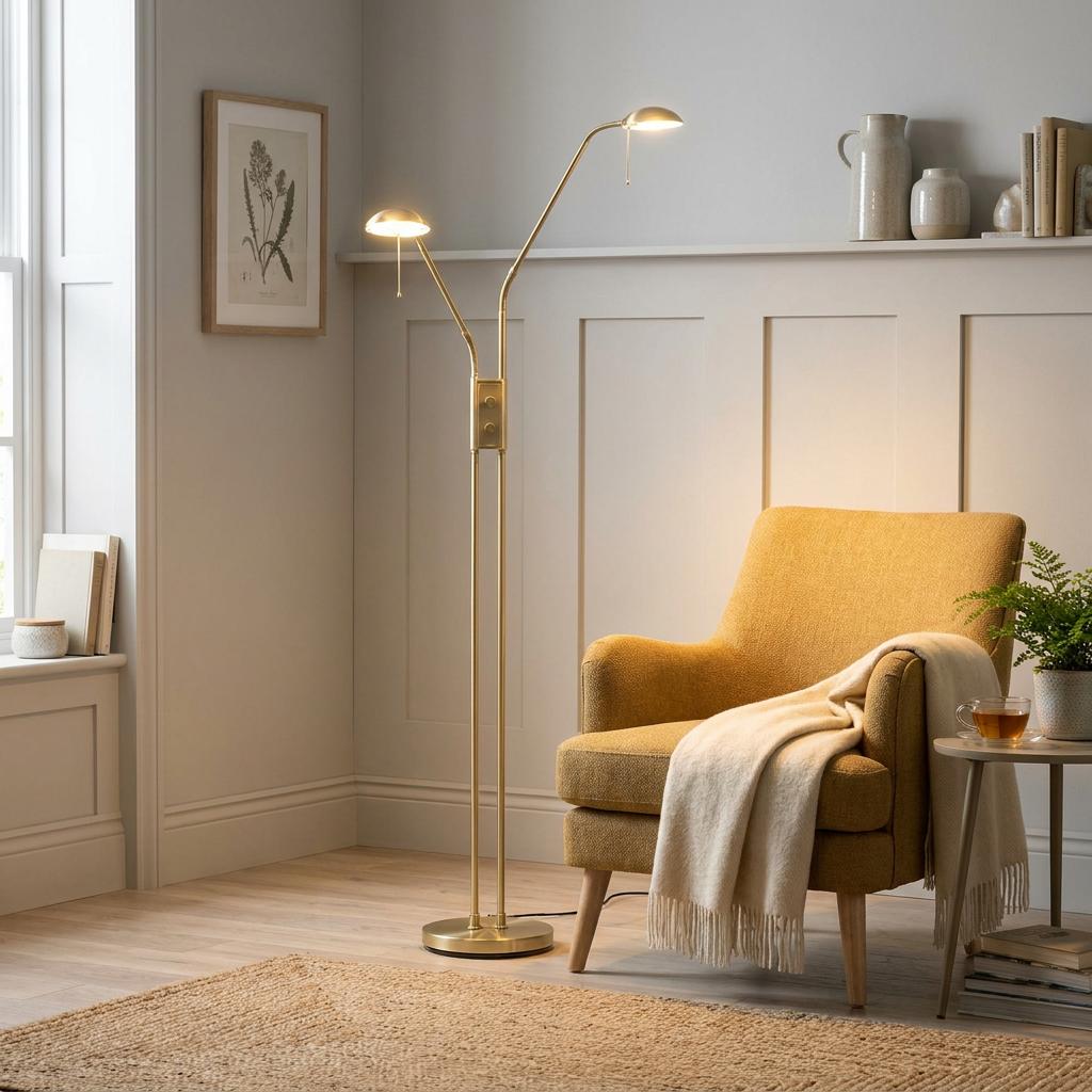 Modern brass twin floor lamp with adjustable arms next to a yellow armchair in a cozy living room.