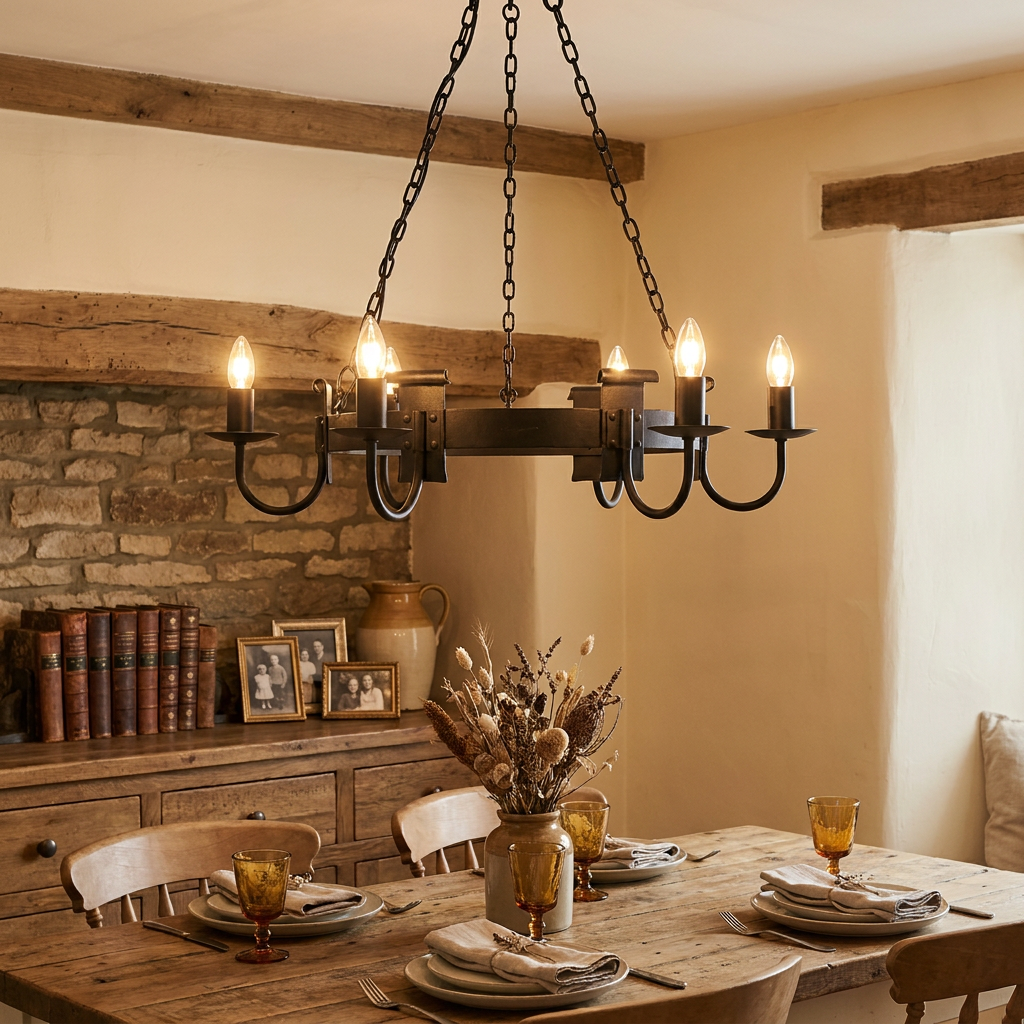 Rustic six-arm wrought iron chandelier hanging over a wooden dining table in a room with a stone fireplace.