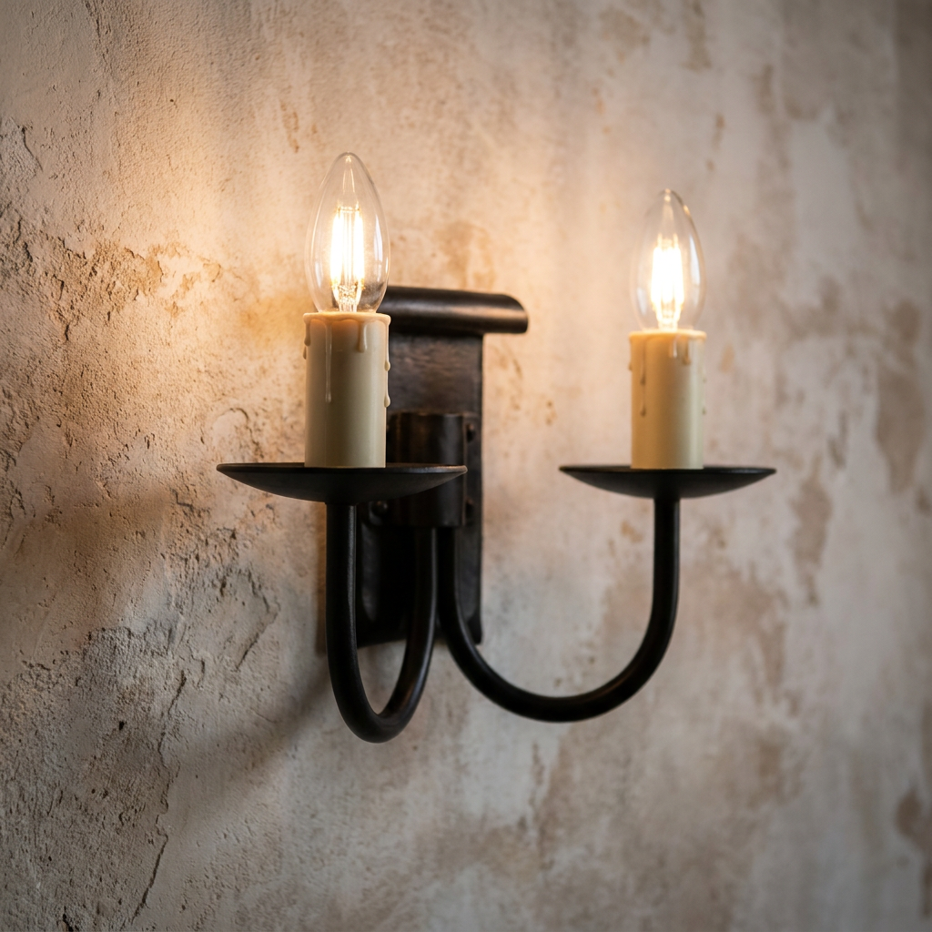 Wrought iron double wall light with two glowing candle-style bulbs mounted on a rustic textured wall.