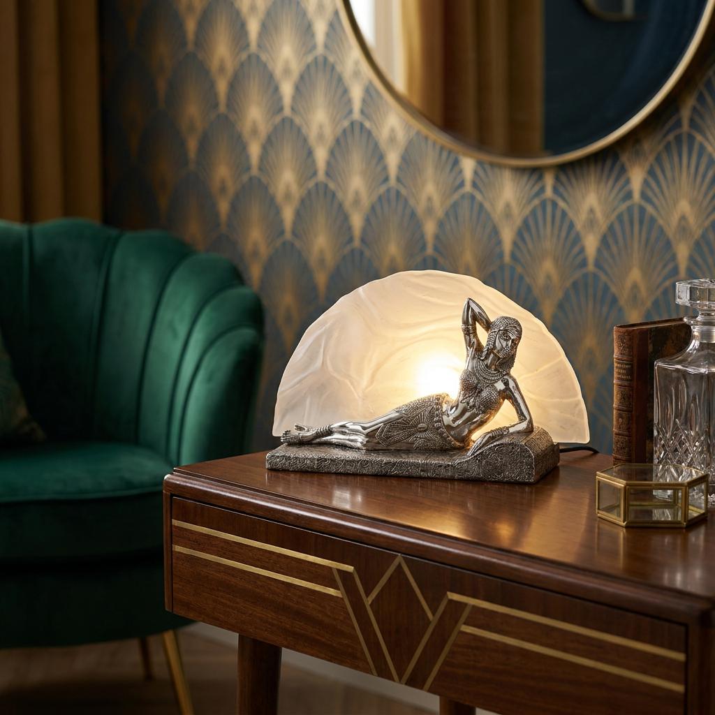 Chrome Art Deco figurine lamp of a reclining woman with a glowing glass backdrop on a wooden table.