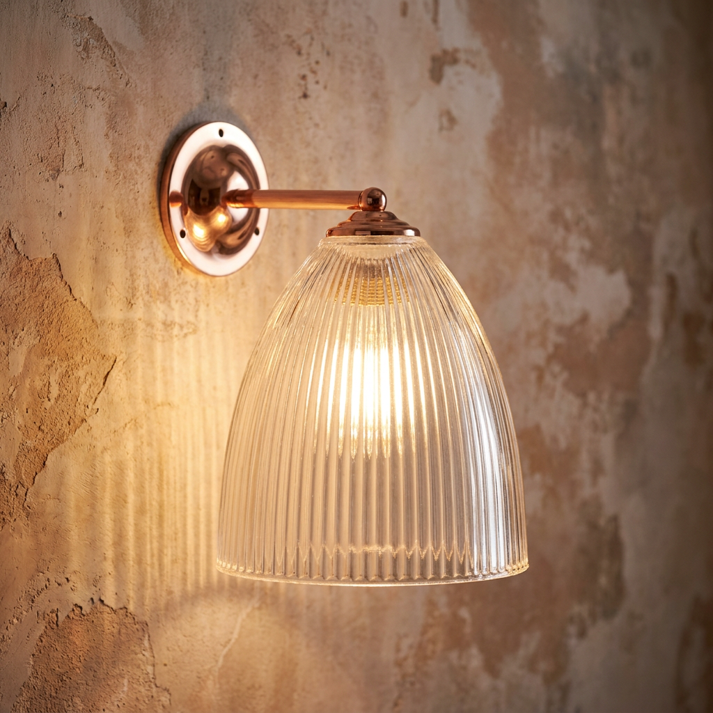 Copper wall light with an elongated prismatic glass shade glowing against a textured, rustic wall.