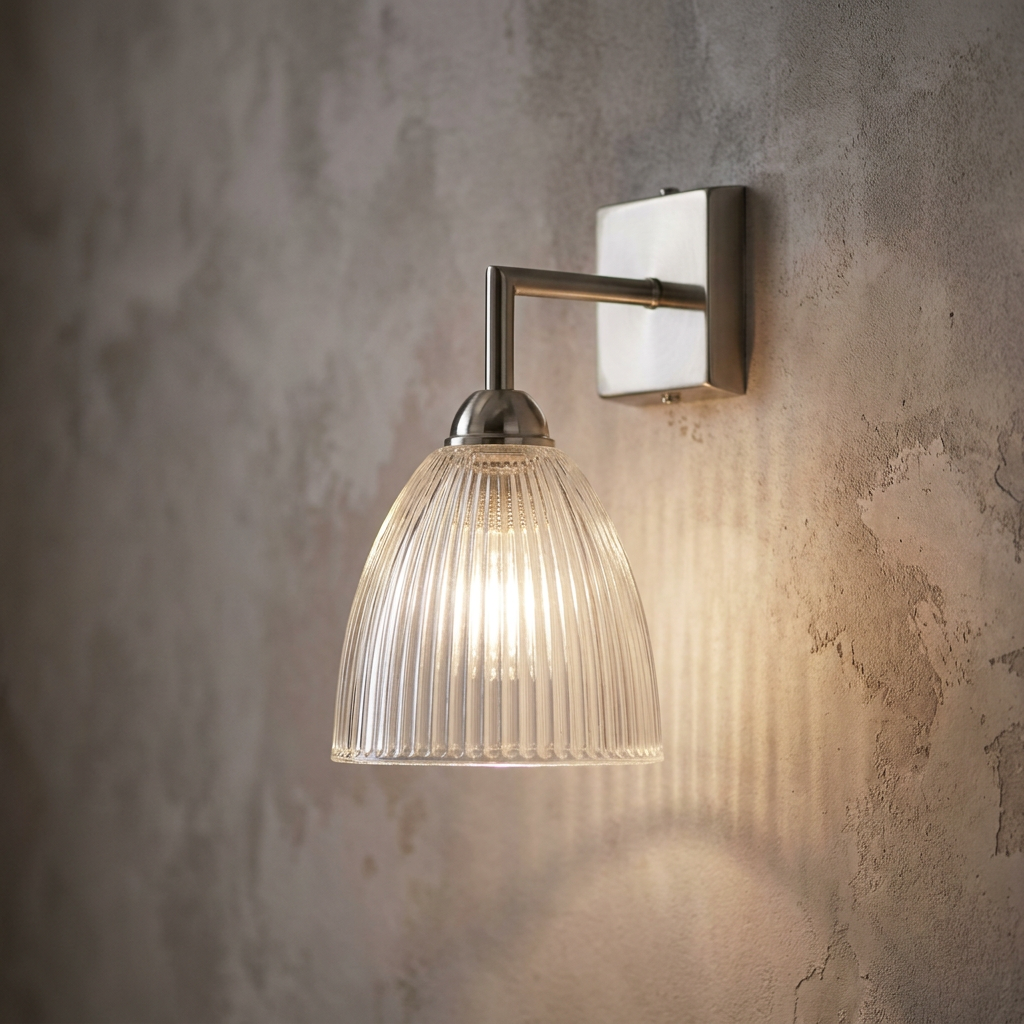 Elongated prismatic glass bell wall light with nickel arm mounted on a textured concrete wall, illuminated.