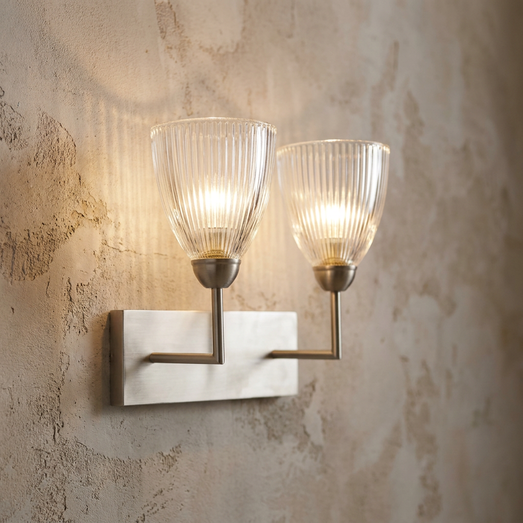 Double wall light with ribbed glass shades on a brushed metal base against a textured wall.