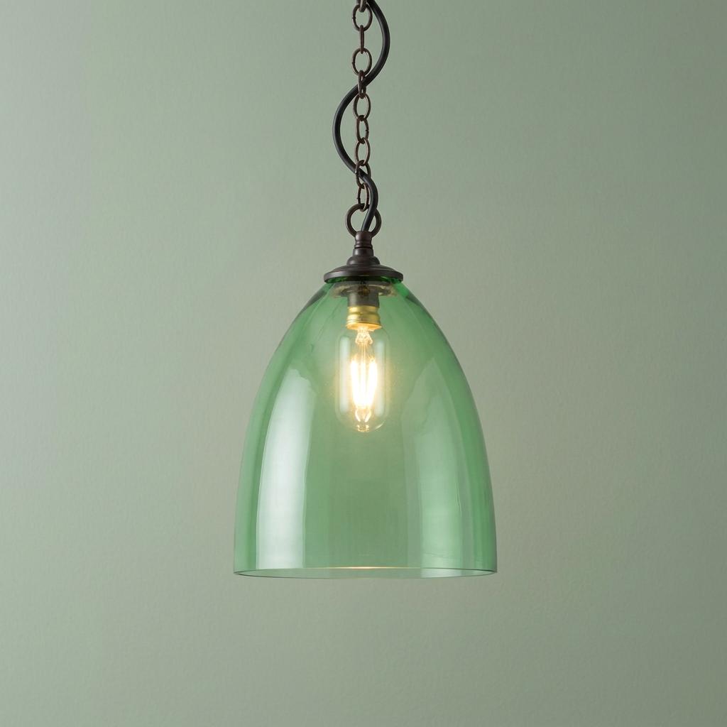 Havana vintage green glass dome pendant light with chain hanging against a pale green wall.