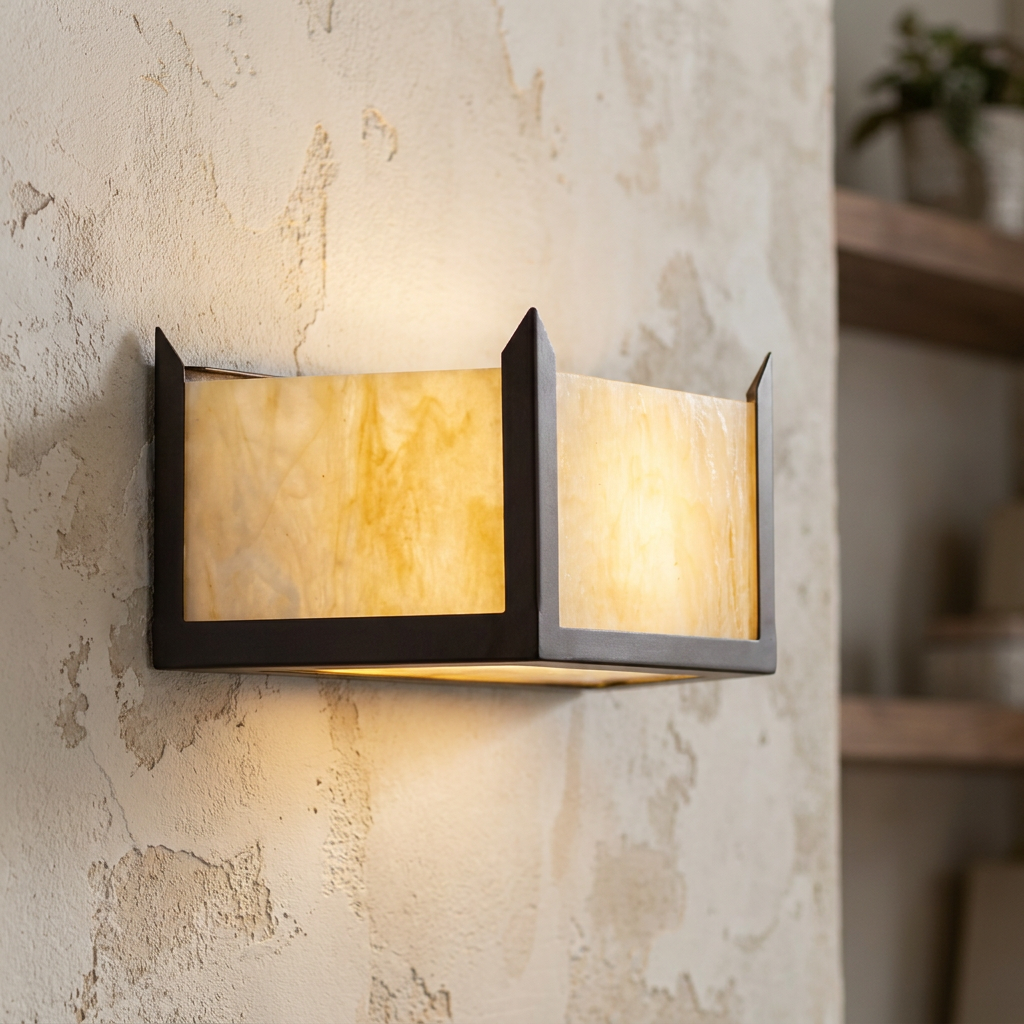 Rectangular antique bronze wall light with glowing amber glass panels on a textured wall.