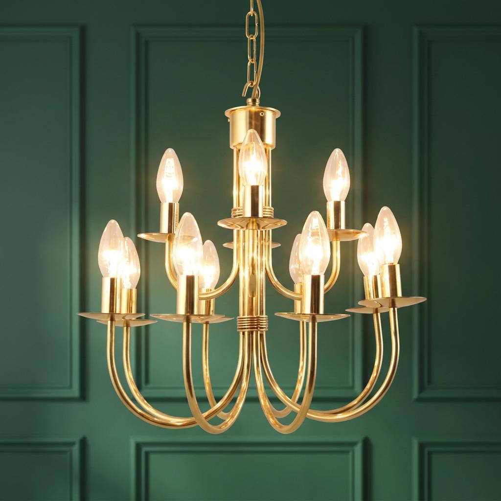 Twelve-light polished brass chandelier with candle-style bulbs set against a dark green paneled wall.