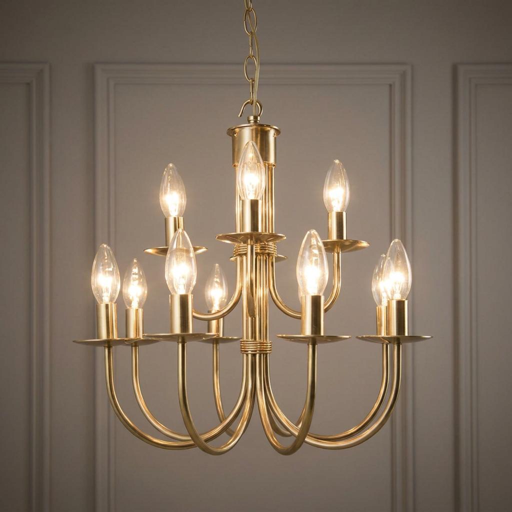 Tiered brass 12-light chandelier with curved arms and candle-style bulbs against a neutral paneled wall.