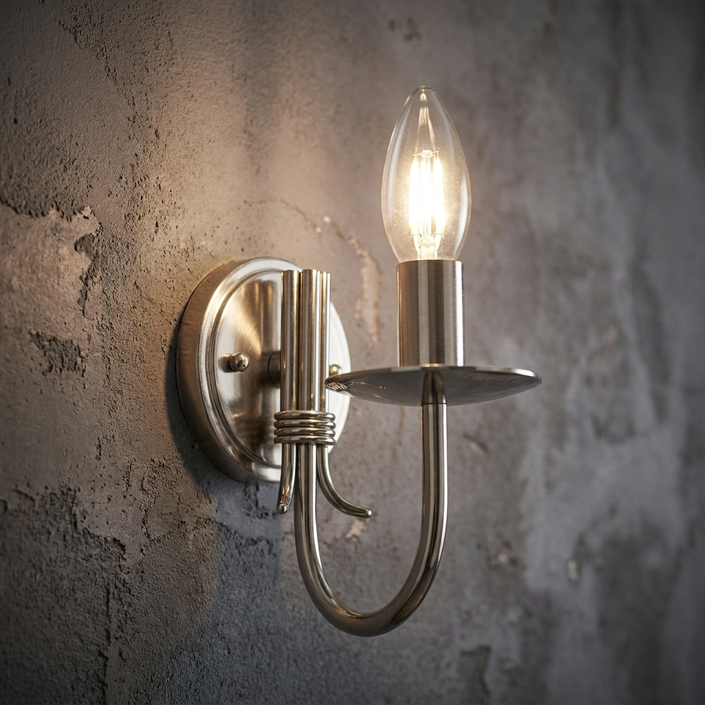 Kansa Malmo stainless steel wall light with a lit candle bulb mounted on a textured gray stone wall.