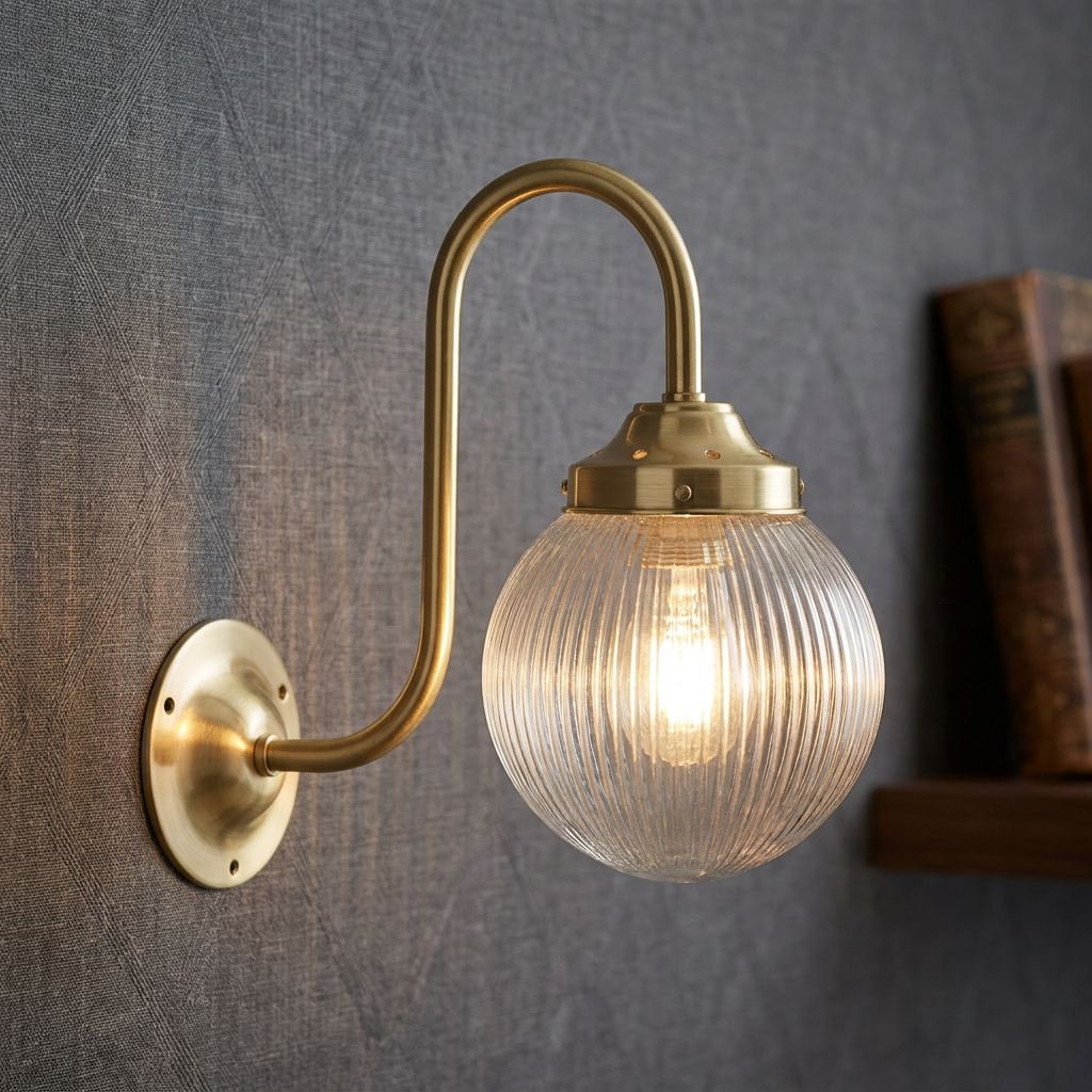 Prismatic globe wall light with brass swan-neck arm illuminated against a textured grey wall.