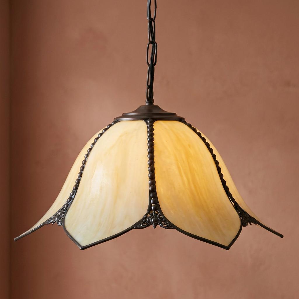 Kansa Topkapi Tiffany ceiling light with a cream marbled scalloped shade and dark beaded metal trim.