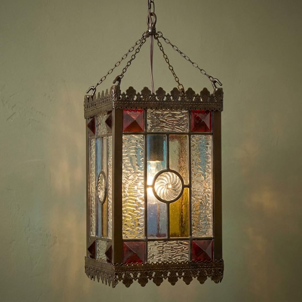 Victorian Tiffany ceiling lantern with multi-colored glass panels and red accents, illuminated against a green wall.