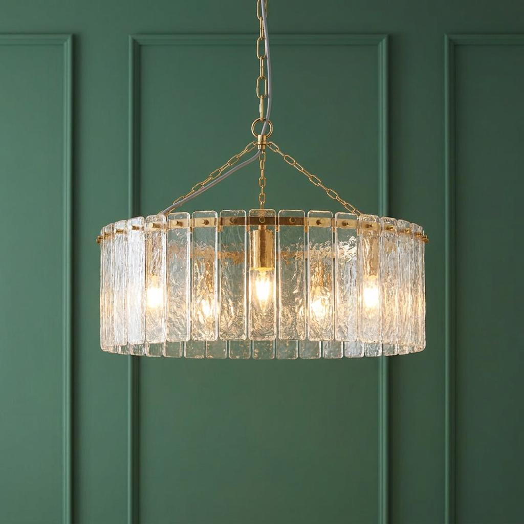 Karine five-light brass pendant with handmade glass panels against a deep green paneled wall.