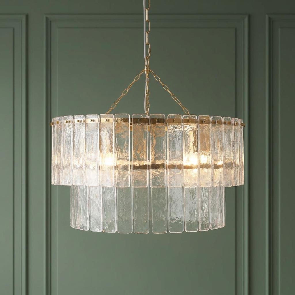 A two-tiered brass pendant light with textured glass panels illuminated against a green paneled wall.