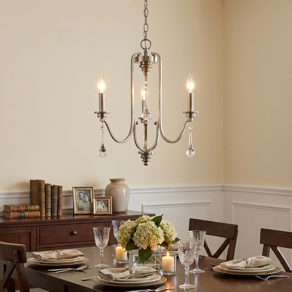 Karlee 3-light pewter chandelier with crystal drops hanging over a dining table set for a meal.