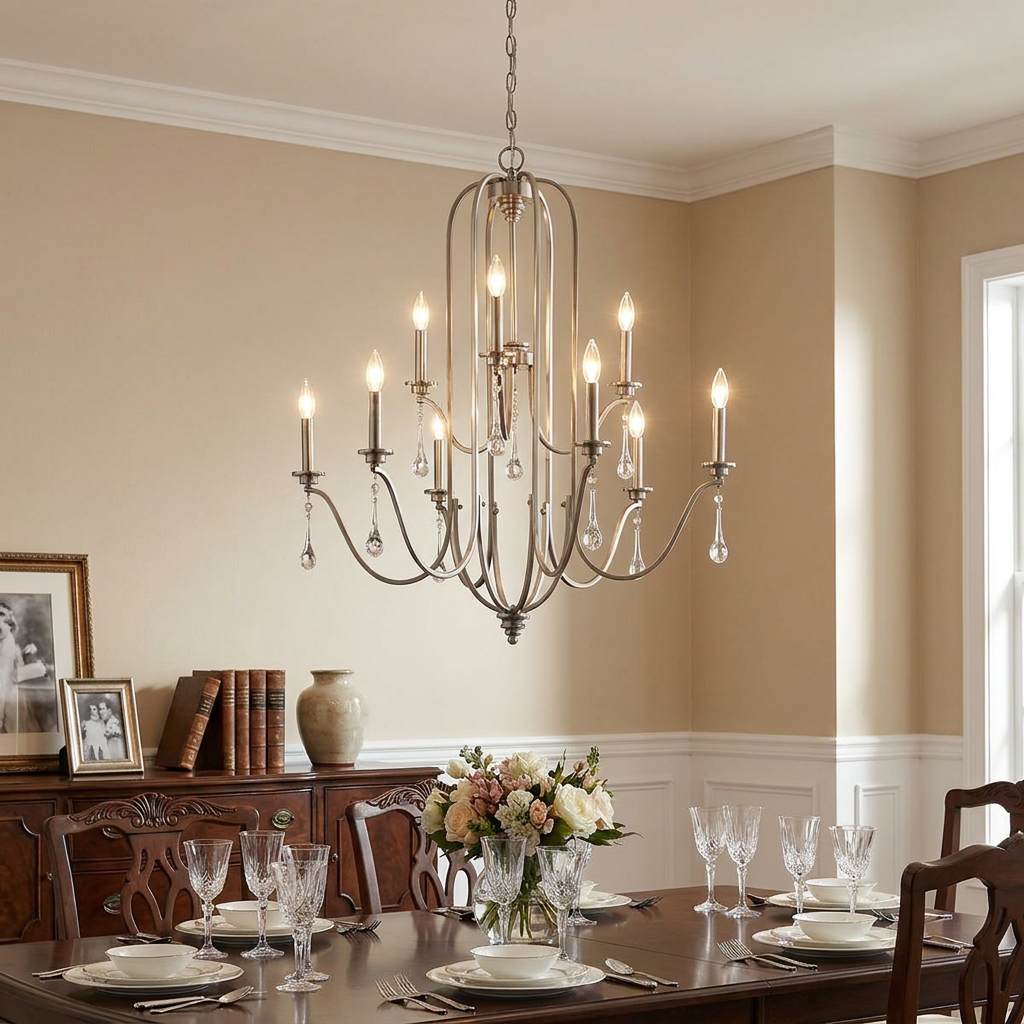 Karlee 9-light pewter chandelier with crystal accents hanging over a formal dining table set for a meal.