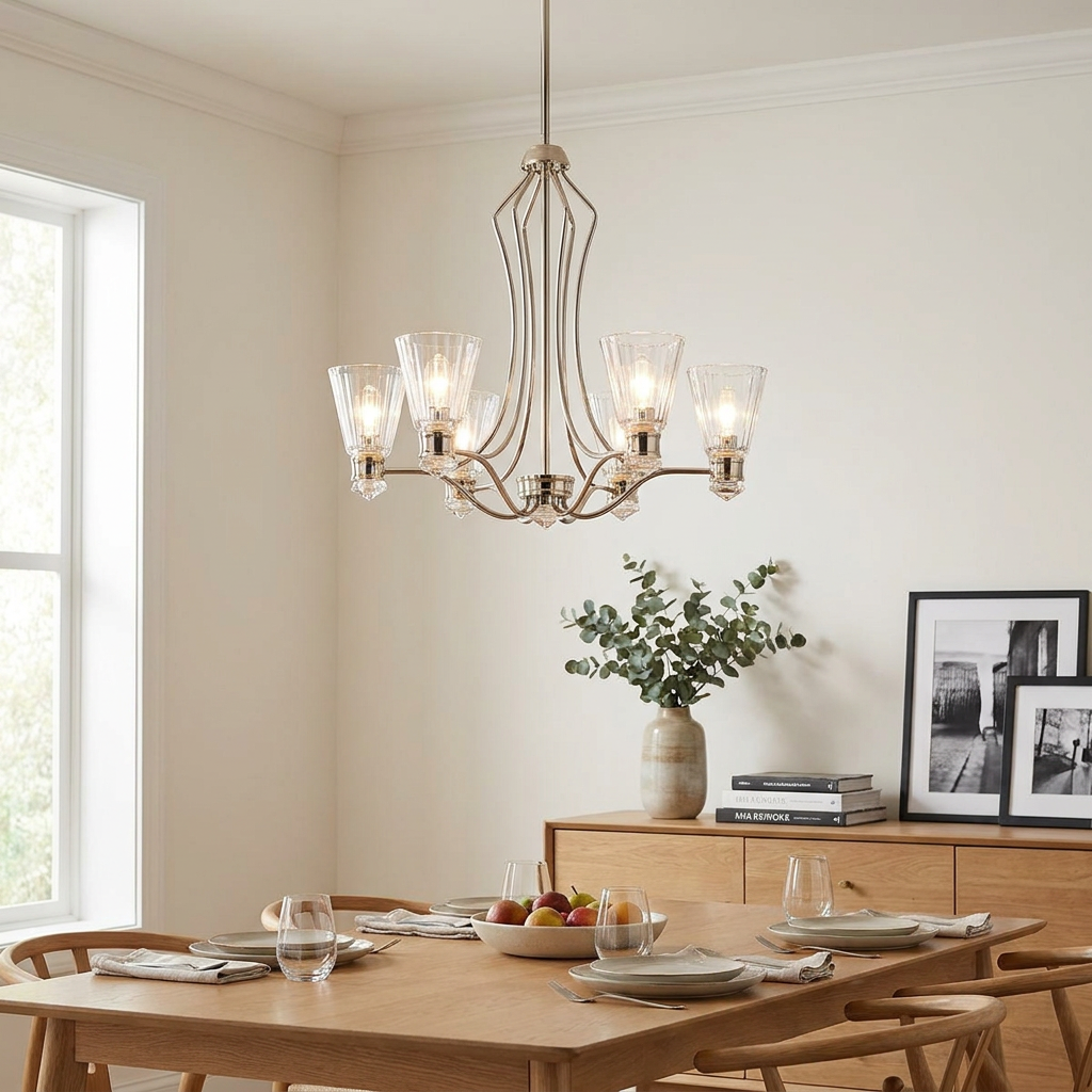 Kayva LED 6-arm chandelier with fluted glass shades hanging over a modern wooden dining table in a bright room.