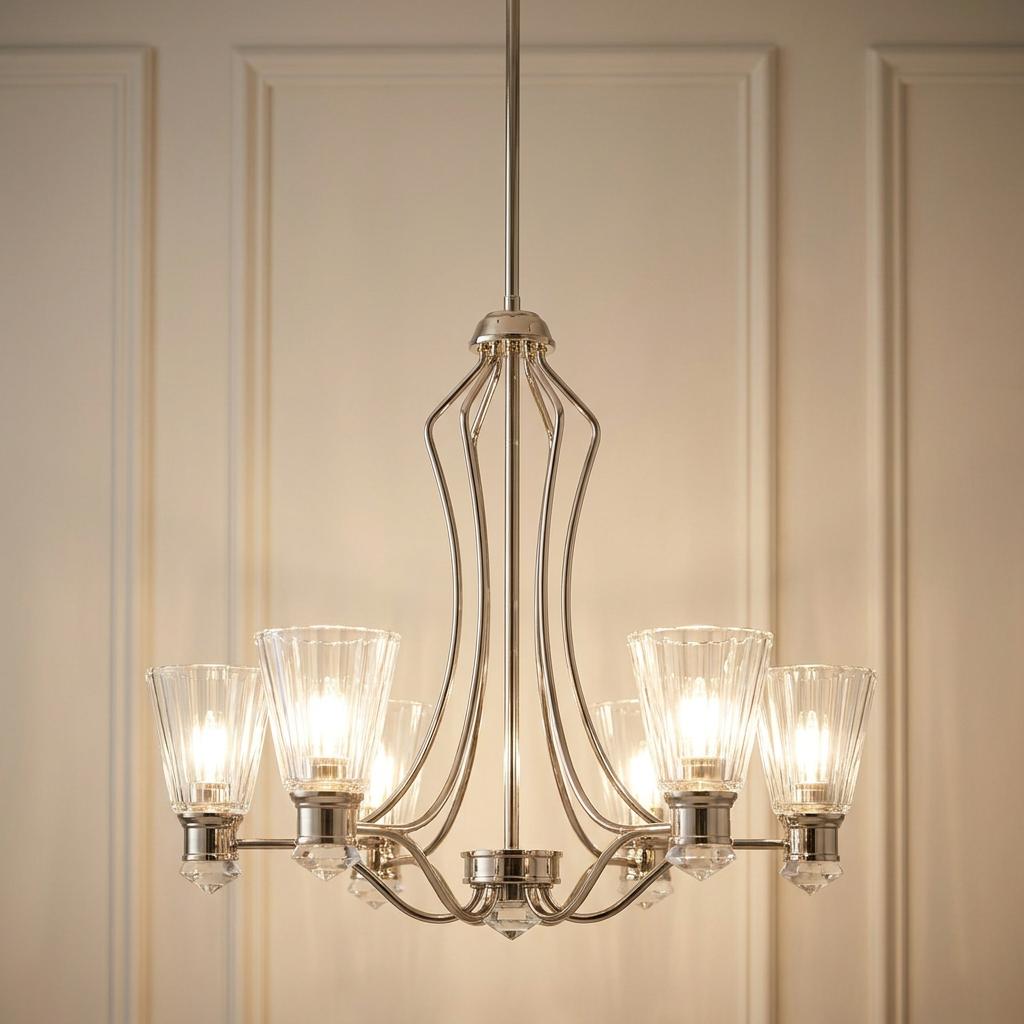 Kayva 6-arm chandelier with polished finish and fluted glass shades illuminated against a paneled wall.