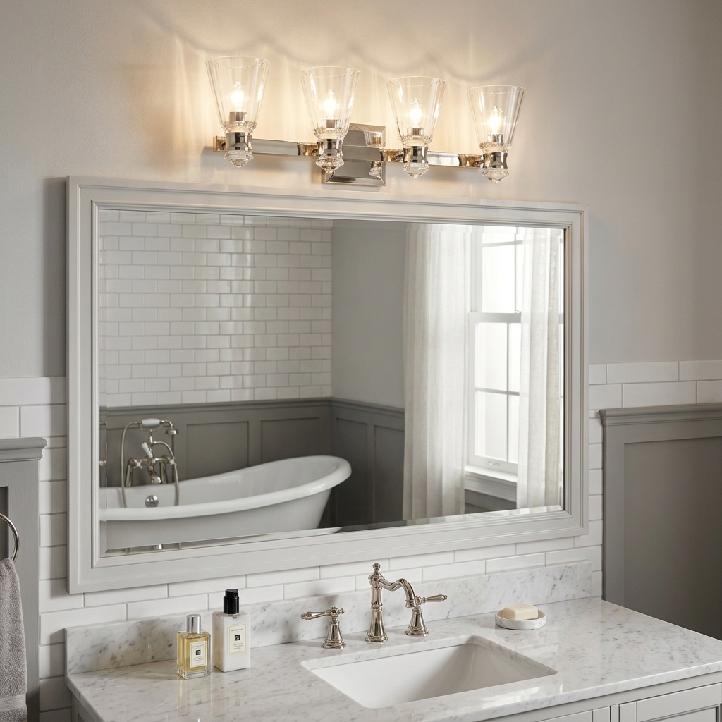 Kayva LED 4 Arm Dual-lit Bathroom Wall Light with ribbed glass shades mounted above a large vanity mirror.