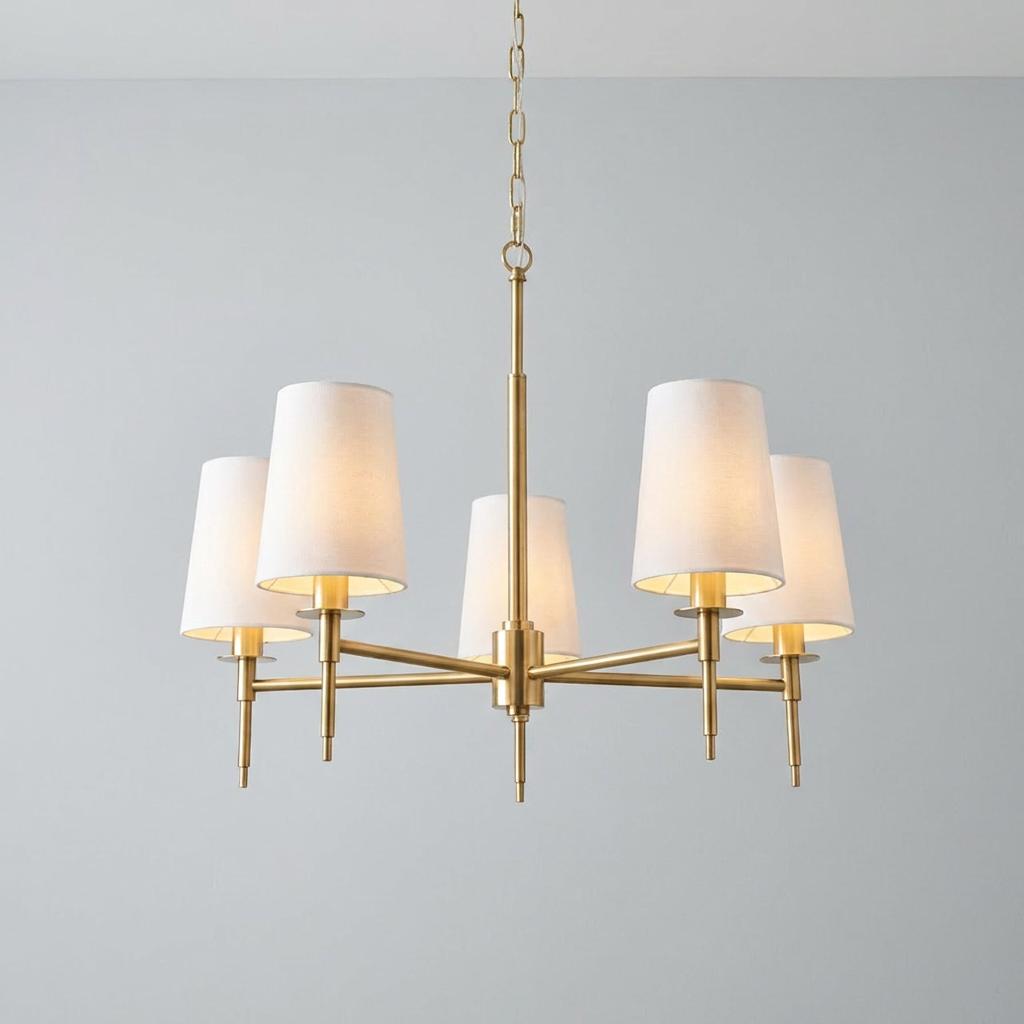 Brass chandelier with five white tapered fabric shades hanging against a neutral wall.