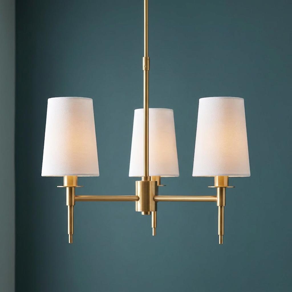A brass three-light Art Deco pendant with white tapered shades against a dark teal background.