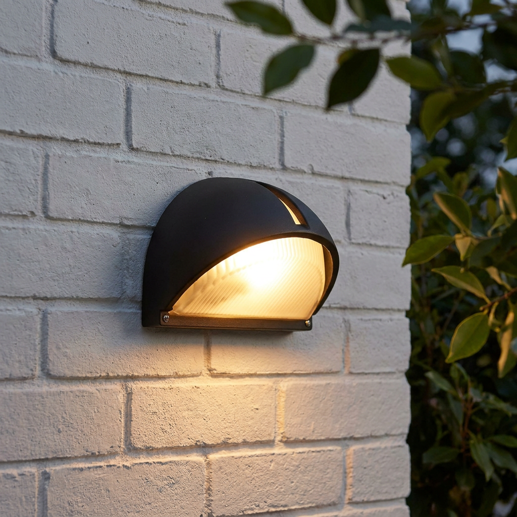 A black half-moon LED outdoor wall light emitting a warm glow on a white brick wall.
