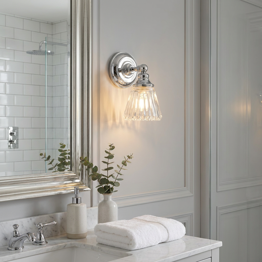 Polished chrome bathroom wall light with a fluted glass shade, mounted on a grey paneled wall beside a mirror.