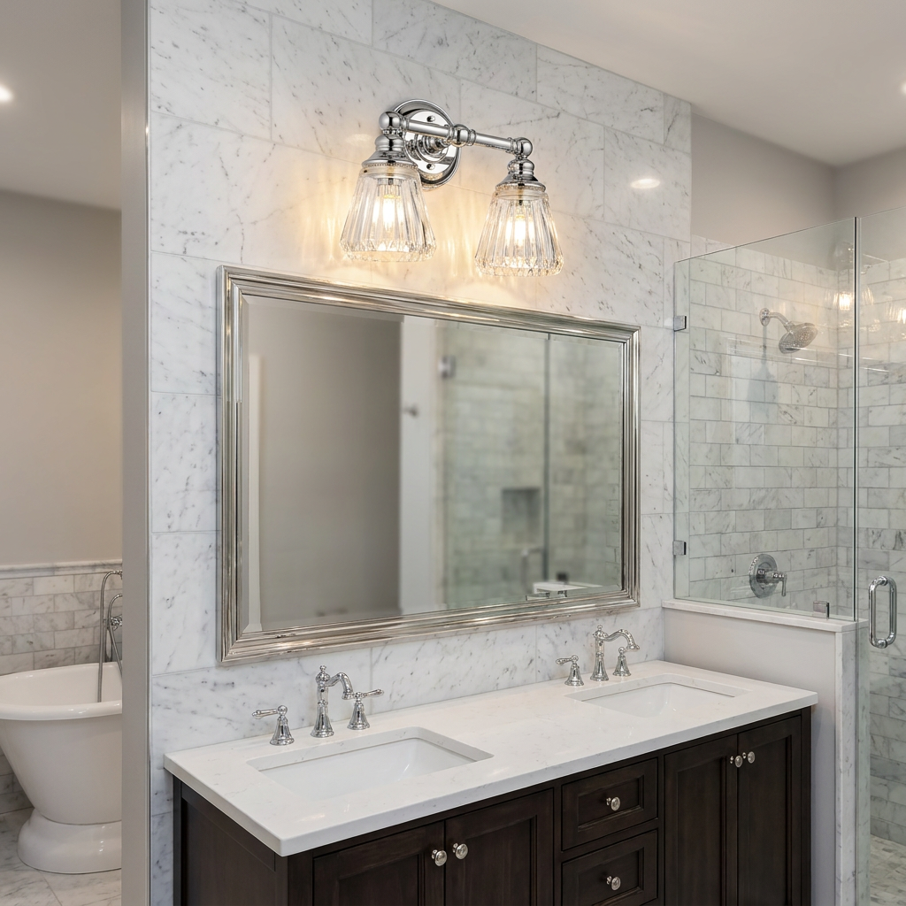 Polished chrome two-light wall sconce with ribbed glass shades mounted above a mirror in a marble bathroom.