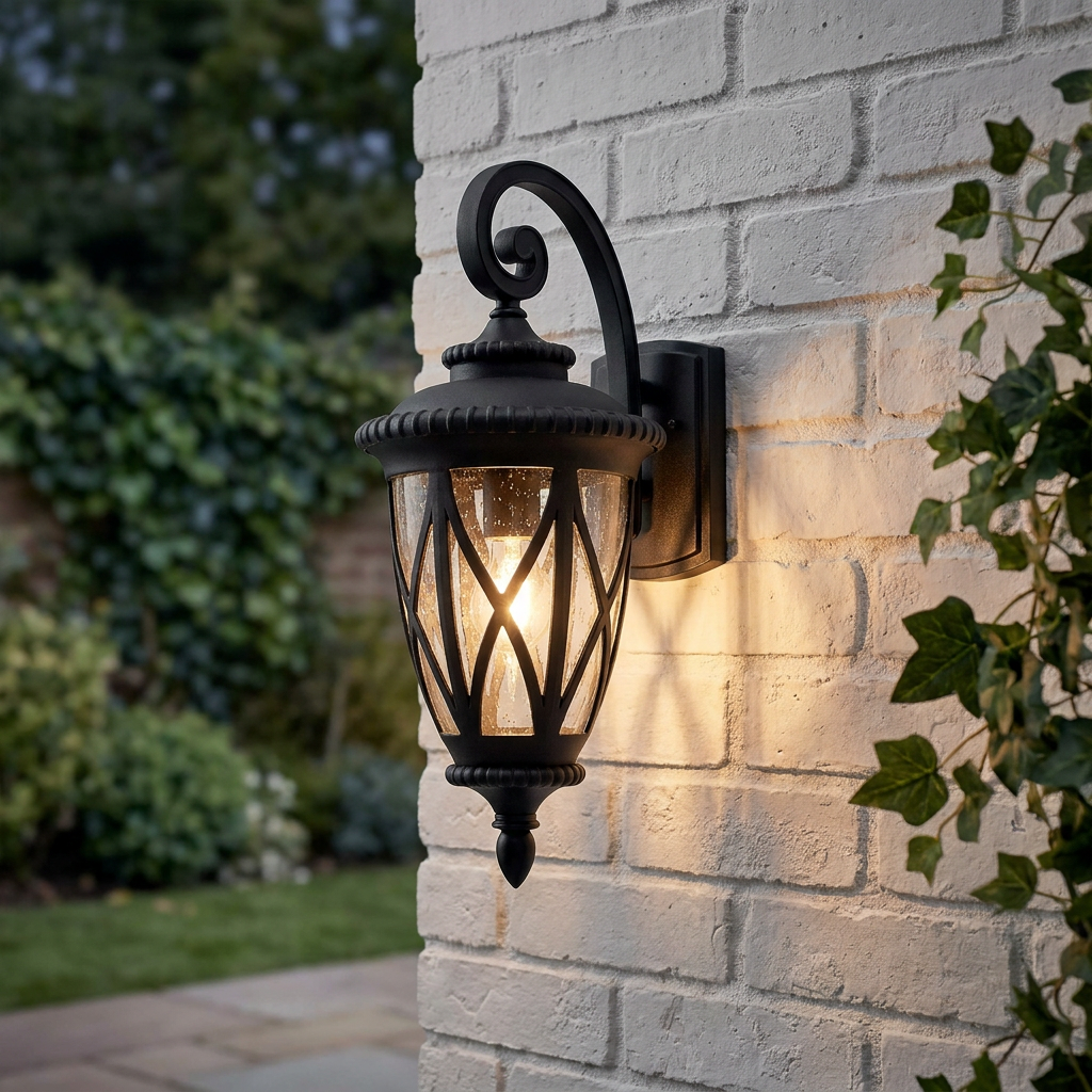 Kichler Admirals Cove black outdoor wall light with a decorative lattice frame glowing on a white brick wall.